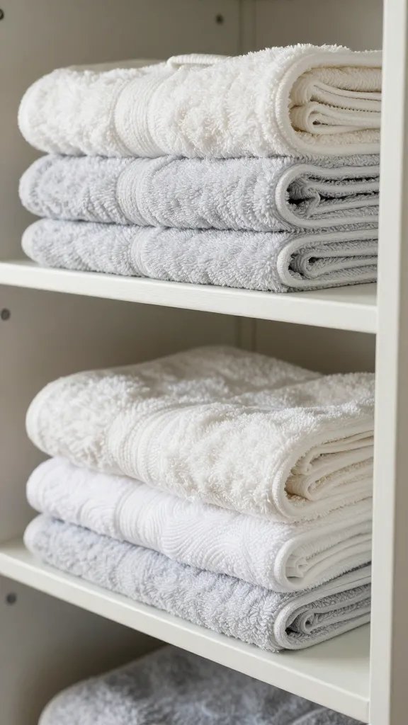 closeup of neatly folded towels on a dedicated folding shelf