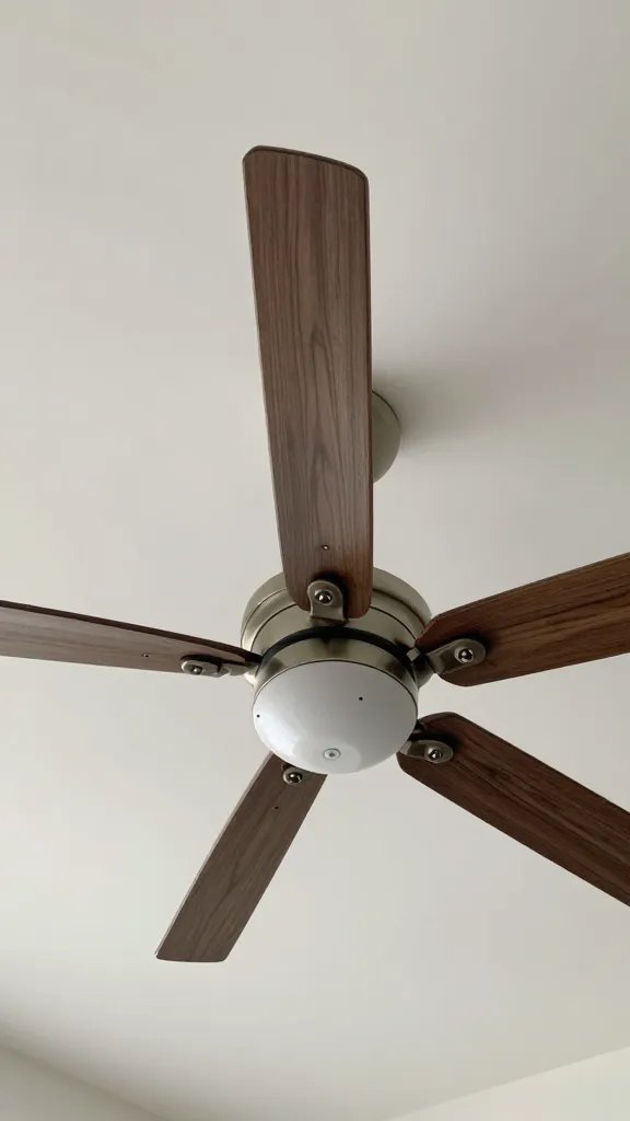 Closeup of a ceiling fan blade against a low ceiling
