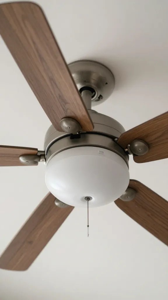 Closeup of a bedroom ceiling fan with visible CFM label