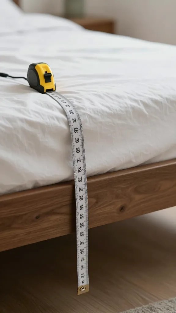 Focused shot of a fan measuring tape next to a bed in a small room