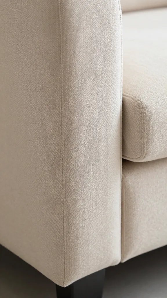 How to Arrange Living Room Furniture Without the Chaos 2 Closeup of a plush sofa leg and textured fabric detail