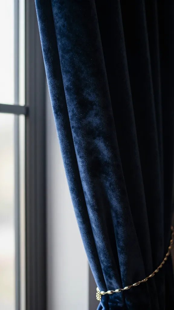 closeup of velvet curtain edge against window frame, moody glam vibe