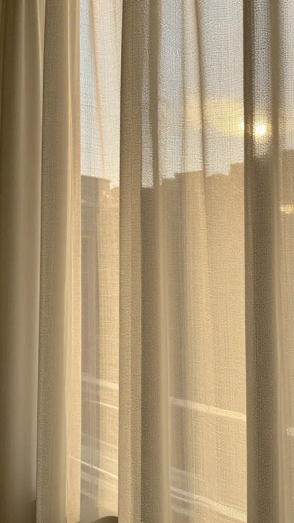 closeup of sheer curtain texture catching golden hour sun, airy feel