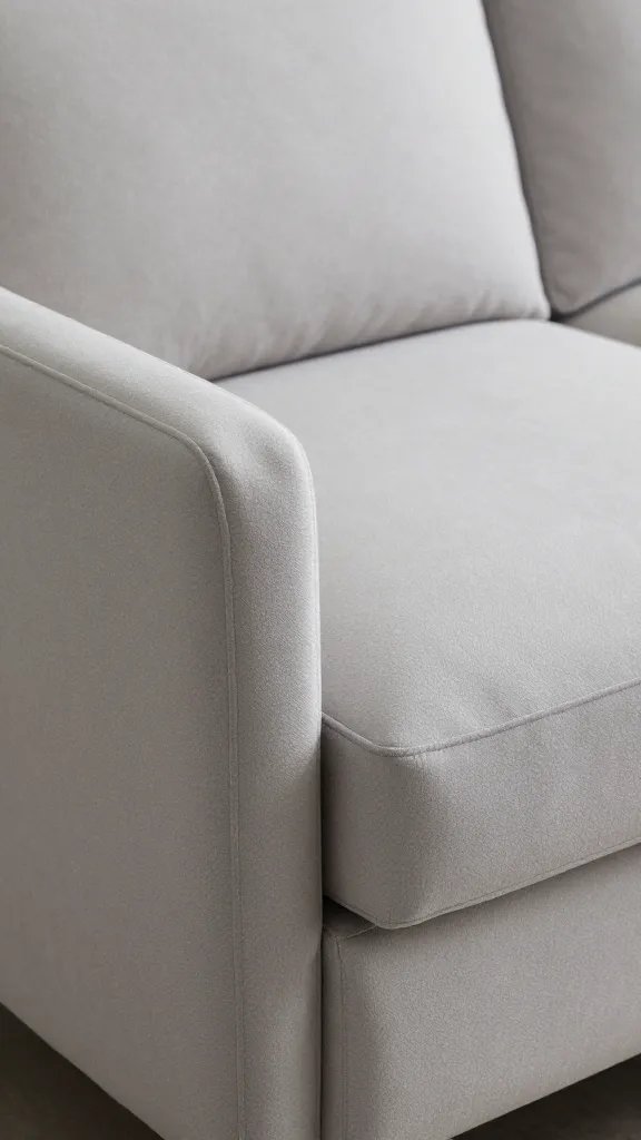closeup of a slim-profile sofa with storage ottoman, edge detail visible