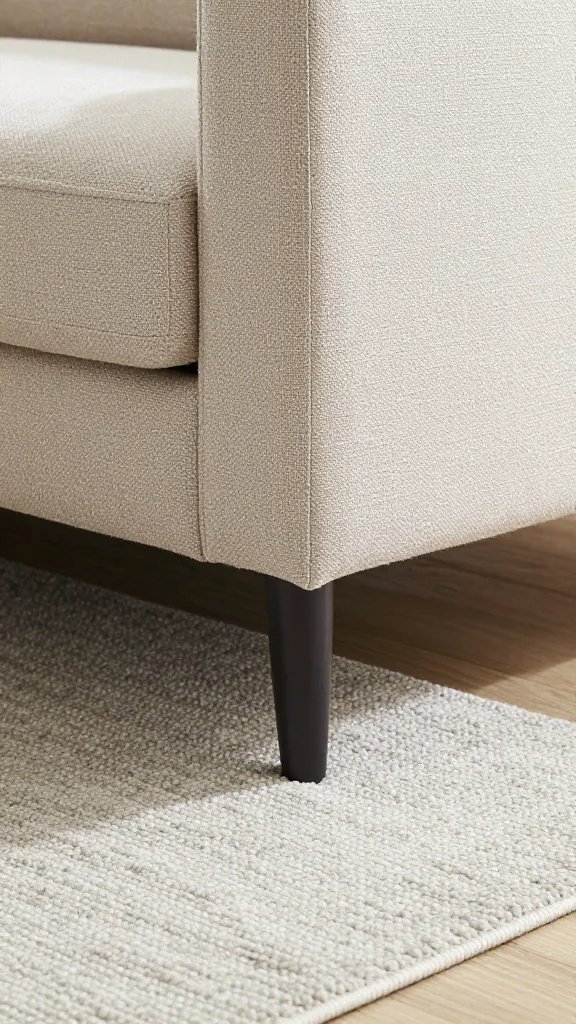 closeup rug under front sofa legs in living room