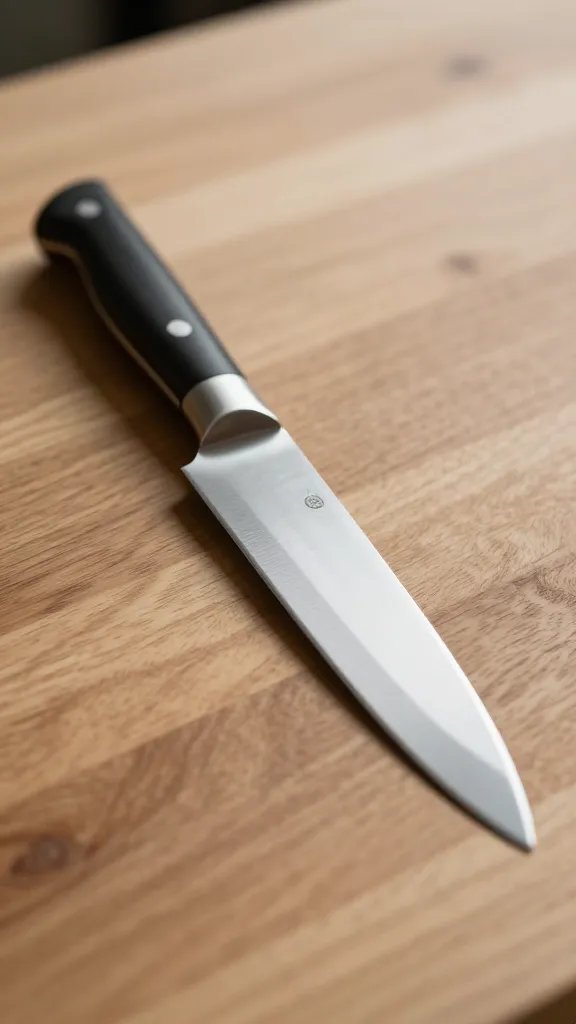 Closeup of a single chef’s knife on a clean wood counter