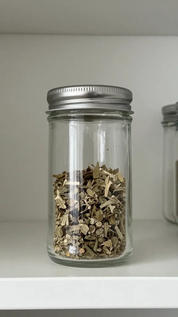 Closeup of a lone glass spice jar in a minimalist pantry