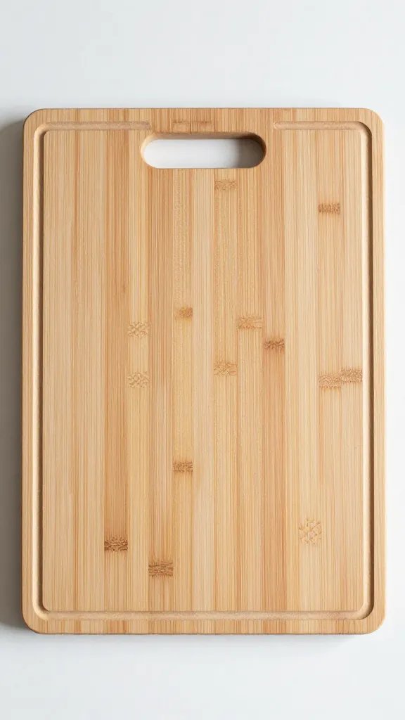 Closeup of a single cutting board with minimal utensil set on counter