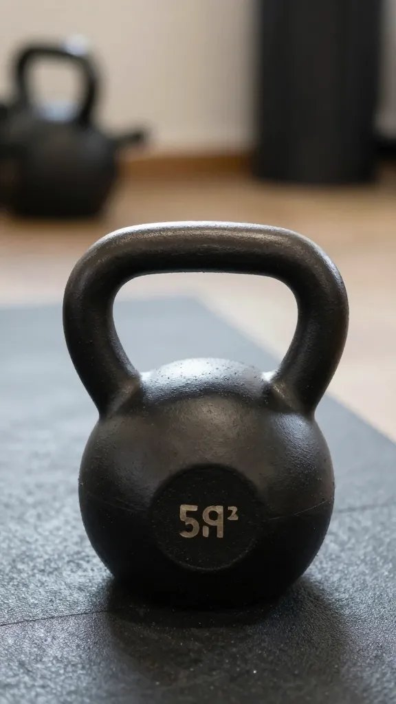 Closeup of a single kettlebell resting on mat in compact home gym