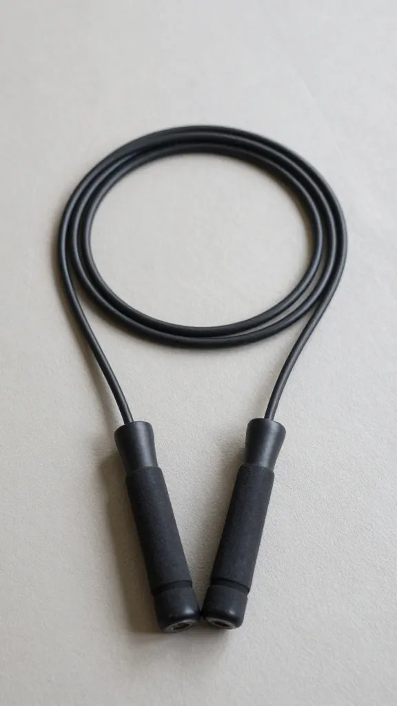 Closeup of a single jump rope coiled on gym floor in small space