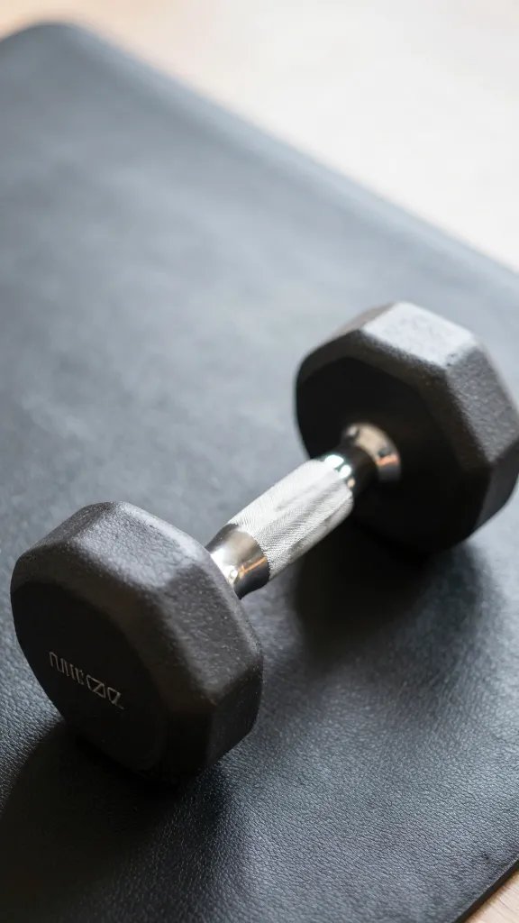 Closeup of a single adjustable dumbbell on a mat