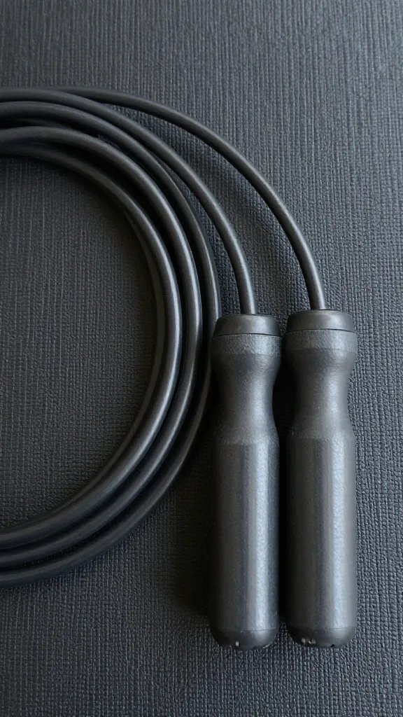 Closeup of a jump rope coiled neatly beside a small cardio mat