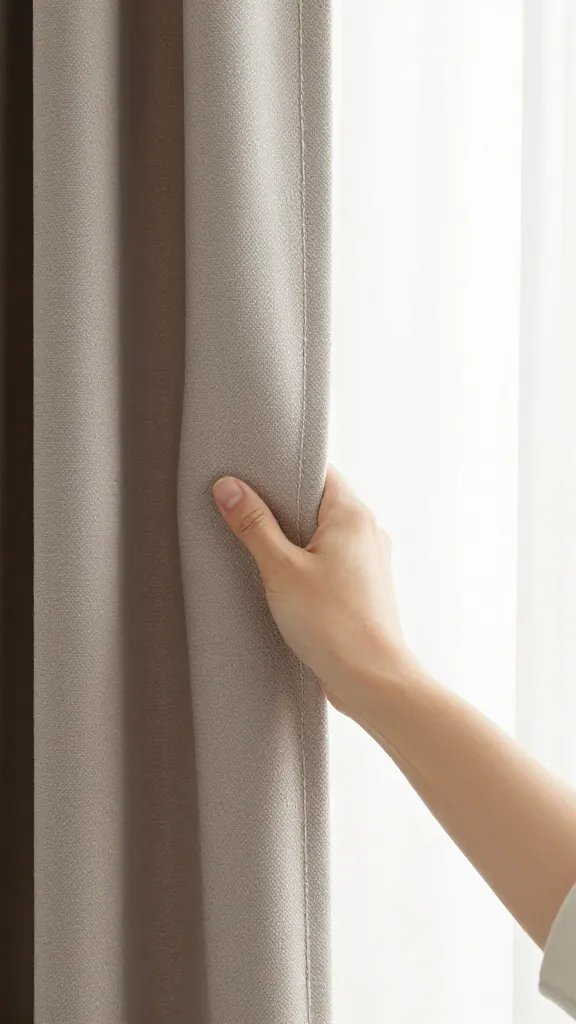 How to Hang Curtains in a Dorm Room Made Easy 4 focused shot of hand adjusting dorm blackout curtain