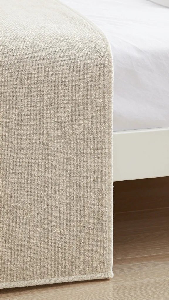 closeup of a 5x7 rug edge under dorm bed corner