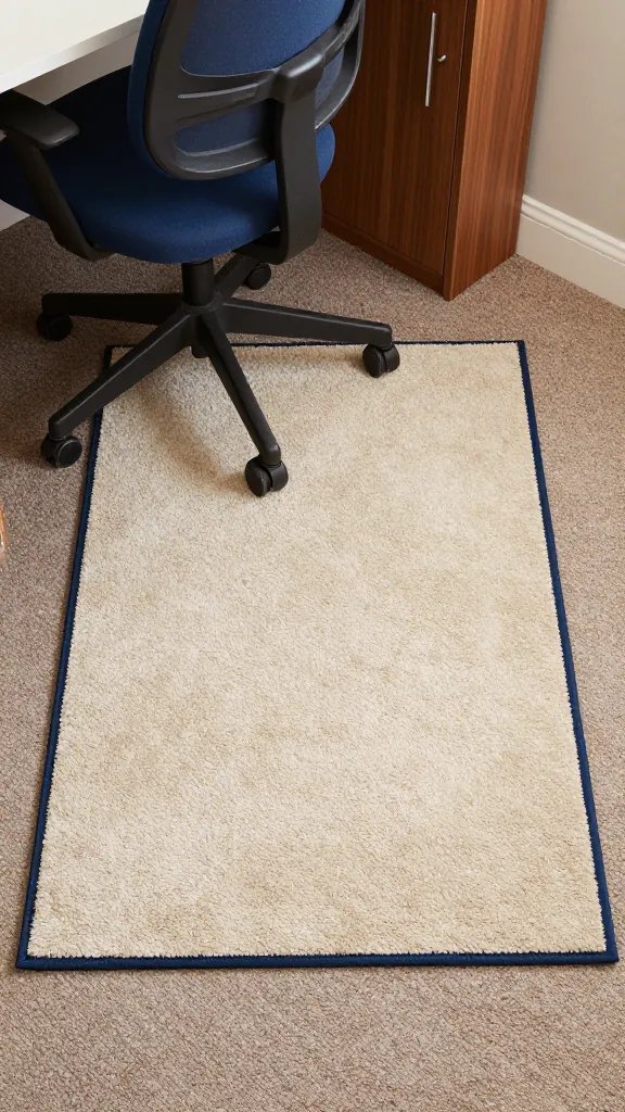 closeup of 4x6 rug under desk chair on dorm carpet