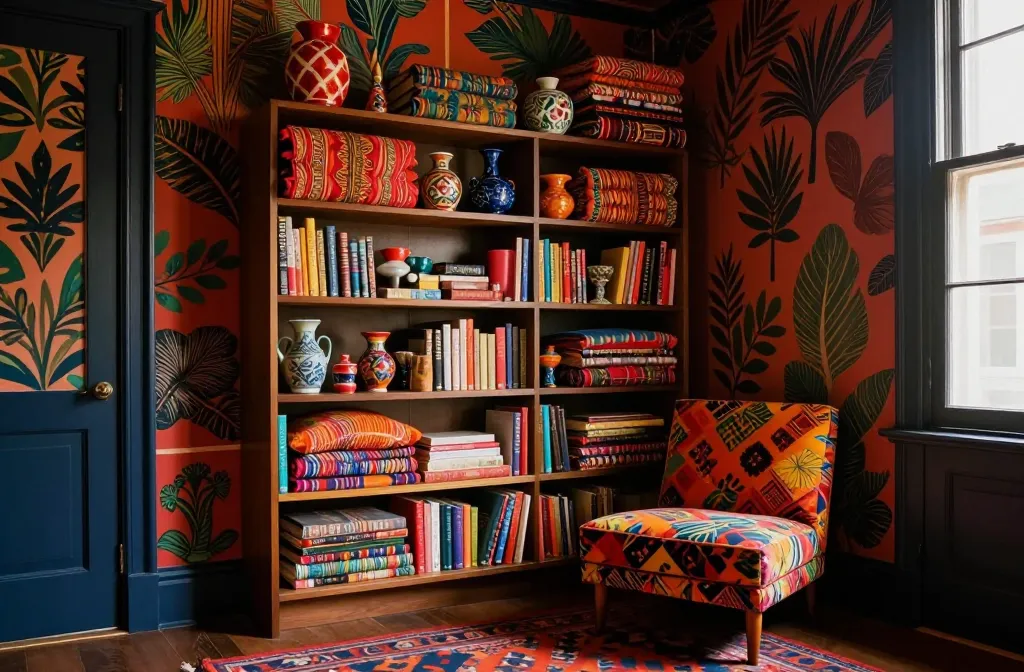 10 Corner Bookshelf Aesthetic: Maximalist Corner of Bold Patterns